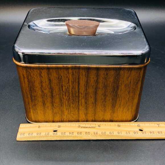 60s GSW HARMONY Rectangular Chrome Tin TEA Canister Vintage Faux Wood Finish - Picture 9 of 12